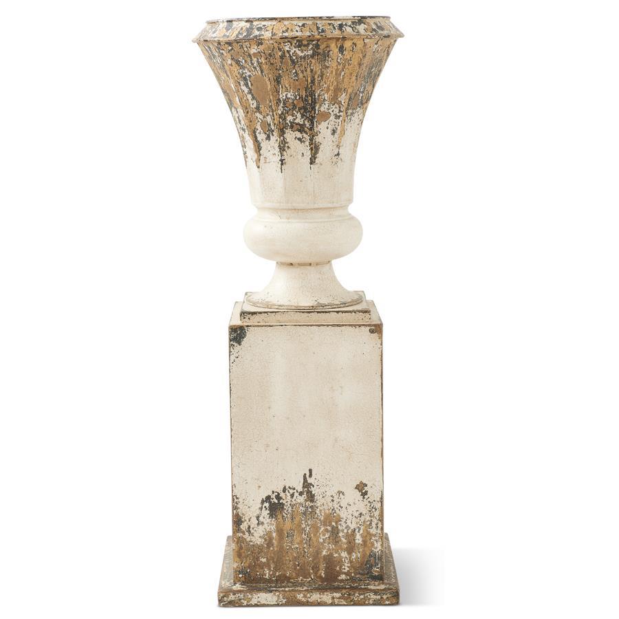 White and Gold Washed Metal Urn on Stand - 32"
