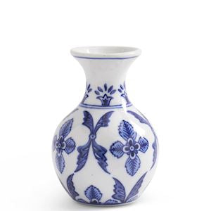 White With Blue Floral Cross Porcelain Bud Vase - 4"