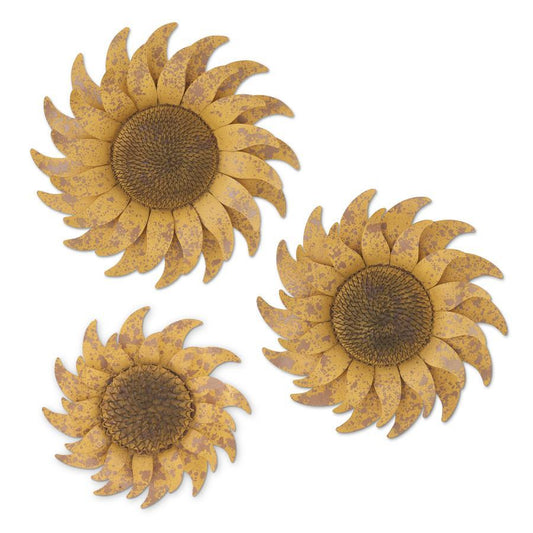 Set of 3 Hanging Distressed Golden Yellow Metal Sunflowers