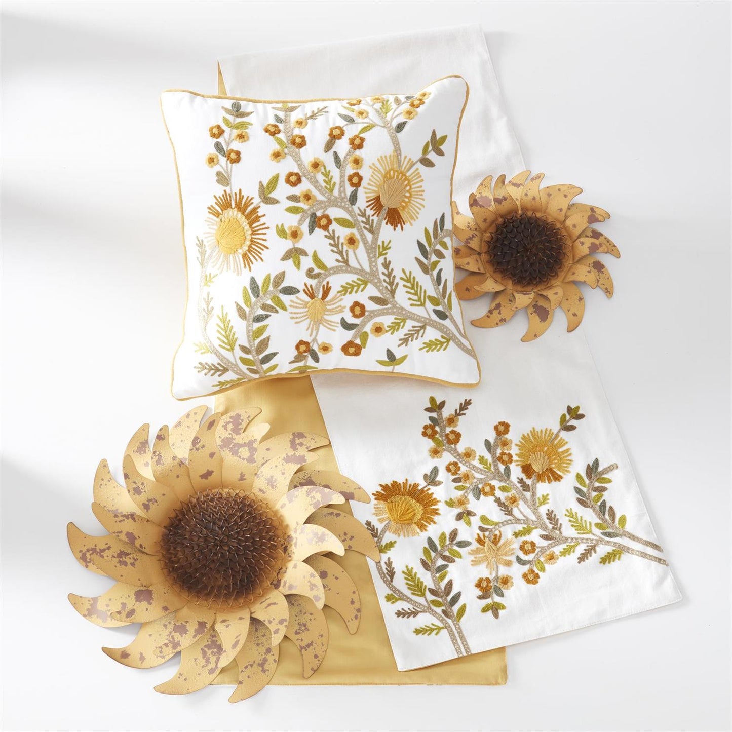 Set of 3 Hanging Distressed Golden Yellow Metal Sunflowers