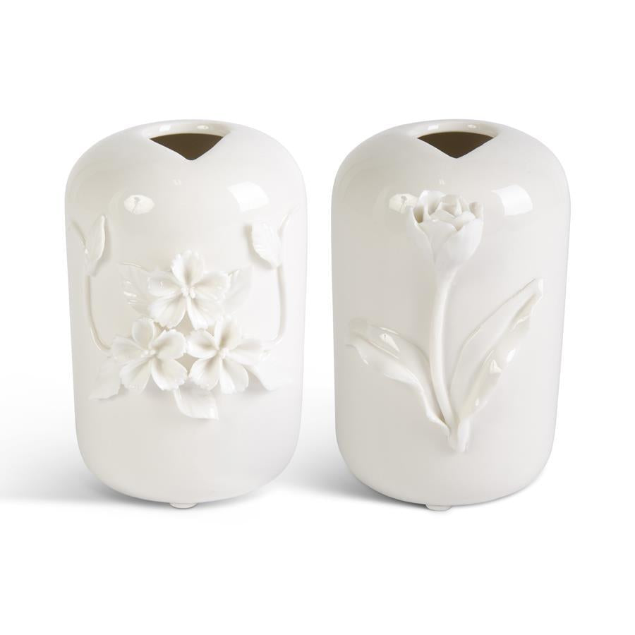 White Ceramic Vase with Raised Flowers - 2 Assorted Style