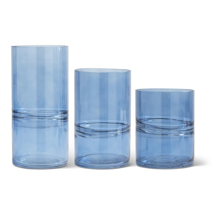 Blue Glass Vase with Centered Inlayed Strips - 9.75"
