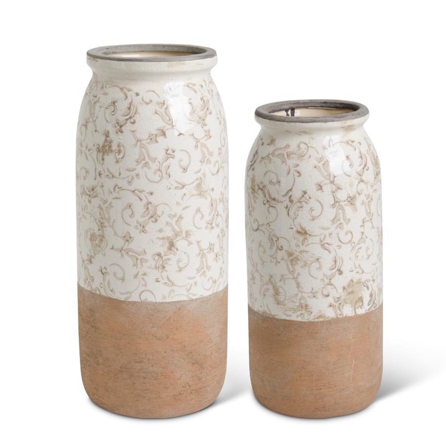 Cream Ceramic Vase with Tan Floral Pattern - 12.25"