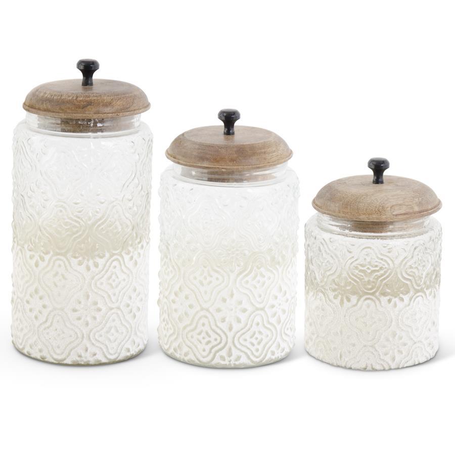 Embossed Glass Container with Frosted Bottom and Wood Lid - 6.5"