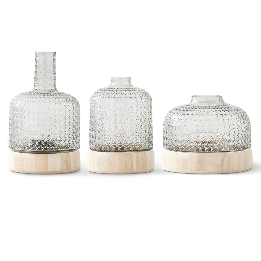 Gray Textured Glass Vase with Wood Base - 7"