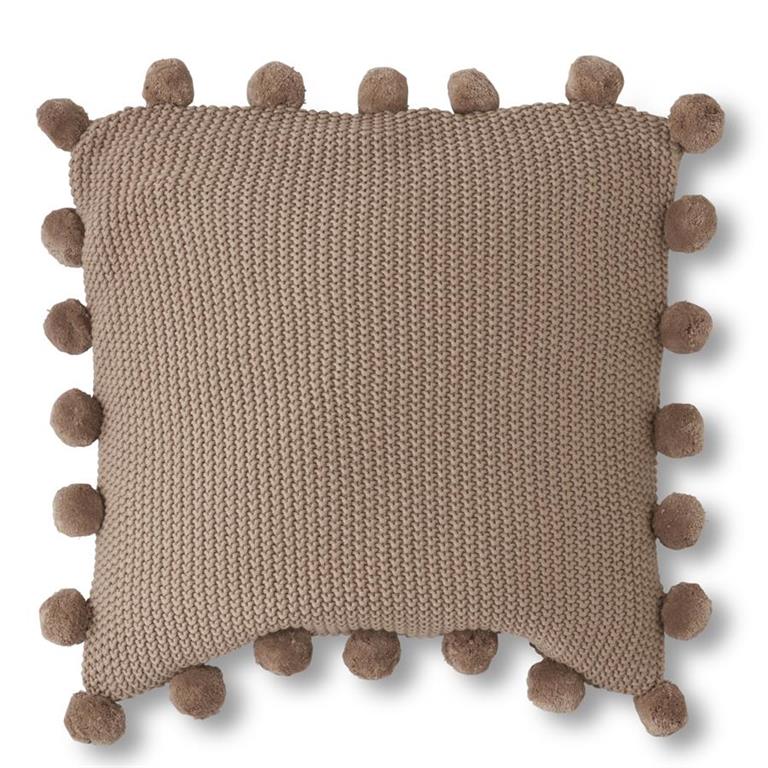 Brown Moss Stitch Knit Pillow with Pompom Trim - 20"
