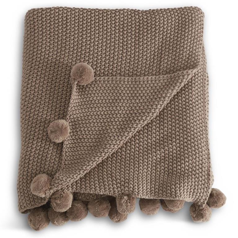 Brown Moss Stitch Knit Throw Blanket with Pompom Trim - 60"