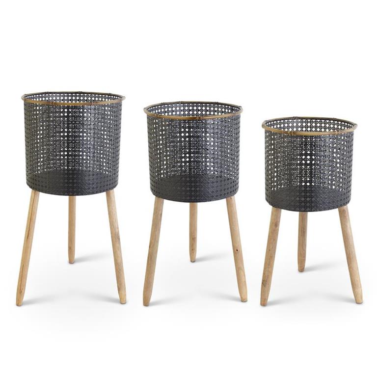 Black Punched Metal Container with Wood Legs - 17.5"