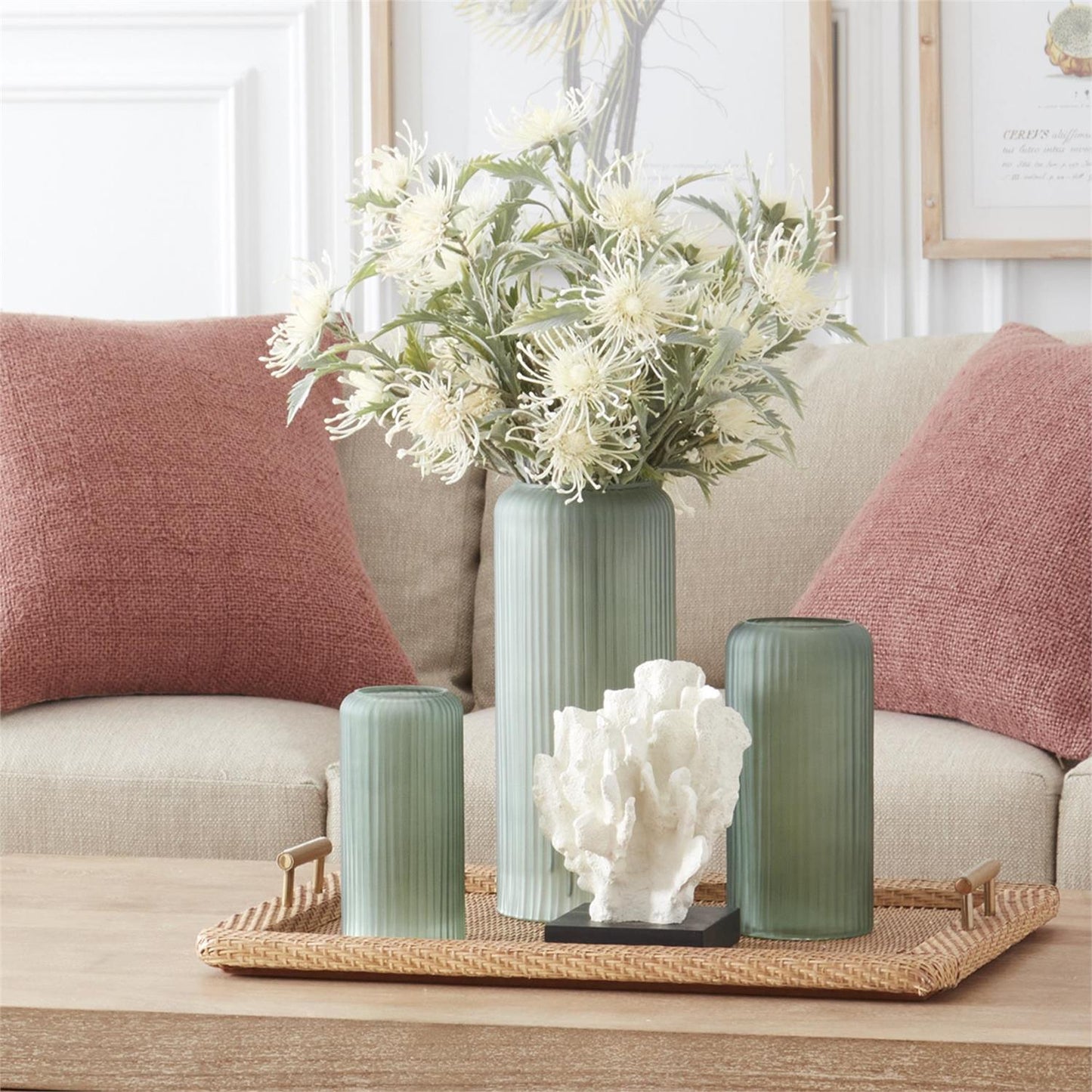 Frosted Green Ribbed Glass Vase - 13.75"