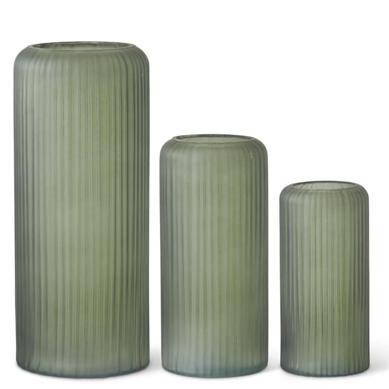 Frosted Green Ribbed Glass Vase - 13.75"