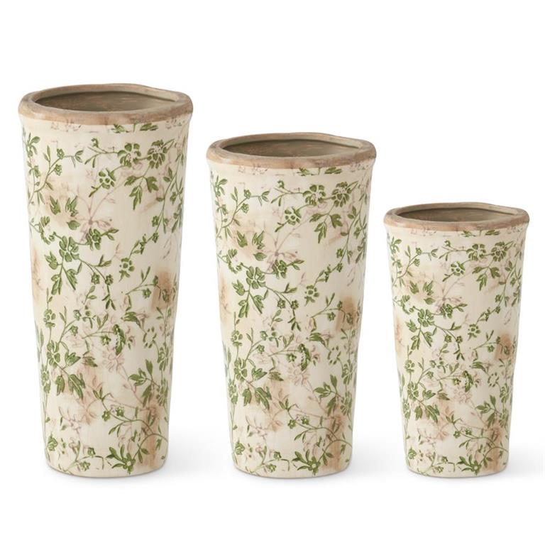 Cream & Green Floral Ceramic Pot - 11.75"