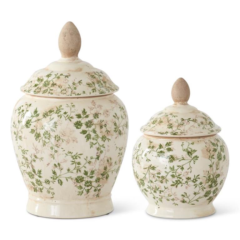 Cream & Green Floral Ceramic Lidded Container - 10.25"