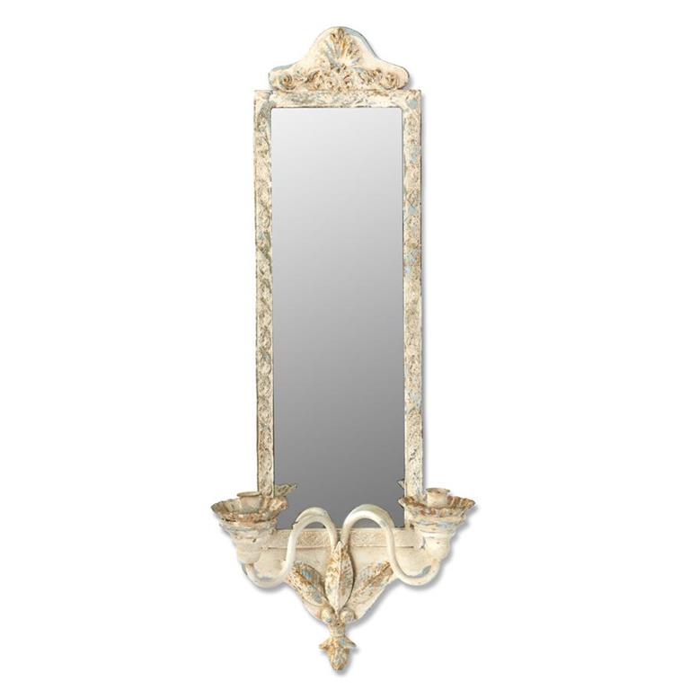 Whitewashed Metal Framed Wall Mirror W/2 Taper Candleholders - 31"