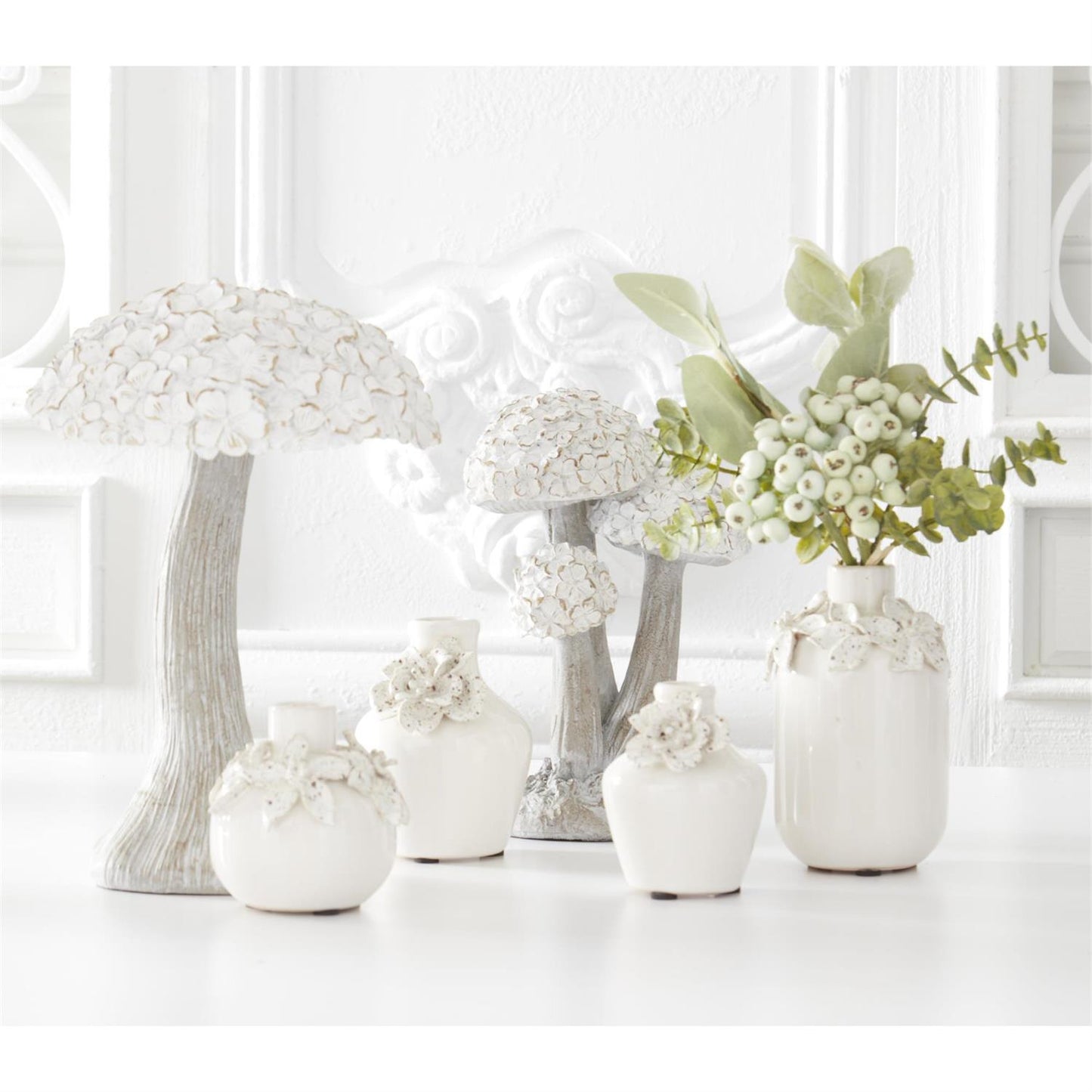 Whitewashed Resin Floral Top Mushroom - 9.75"