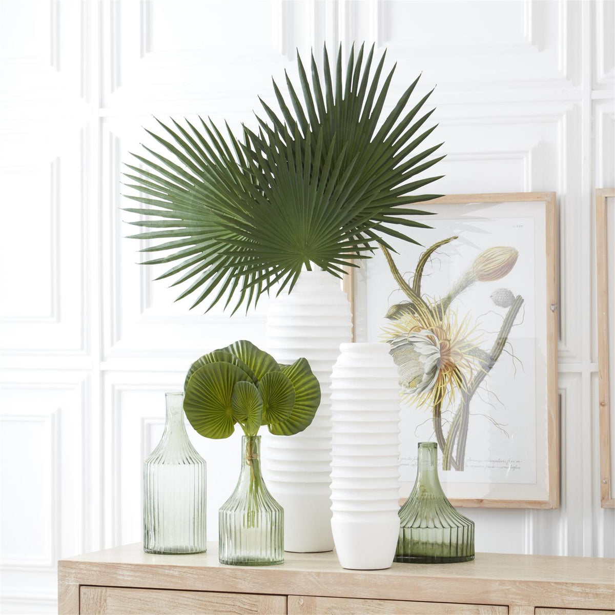 Transparent Green Glass Vertical Ribbed Vase - 13.75"