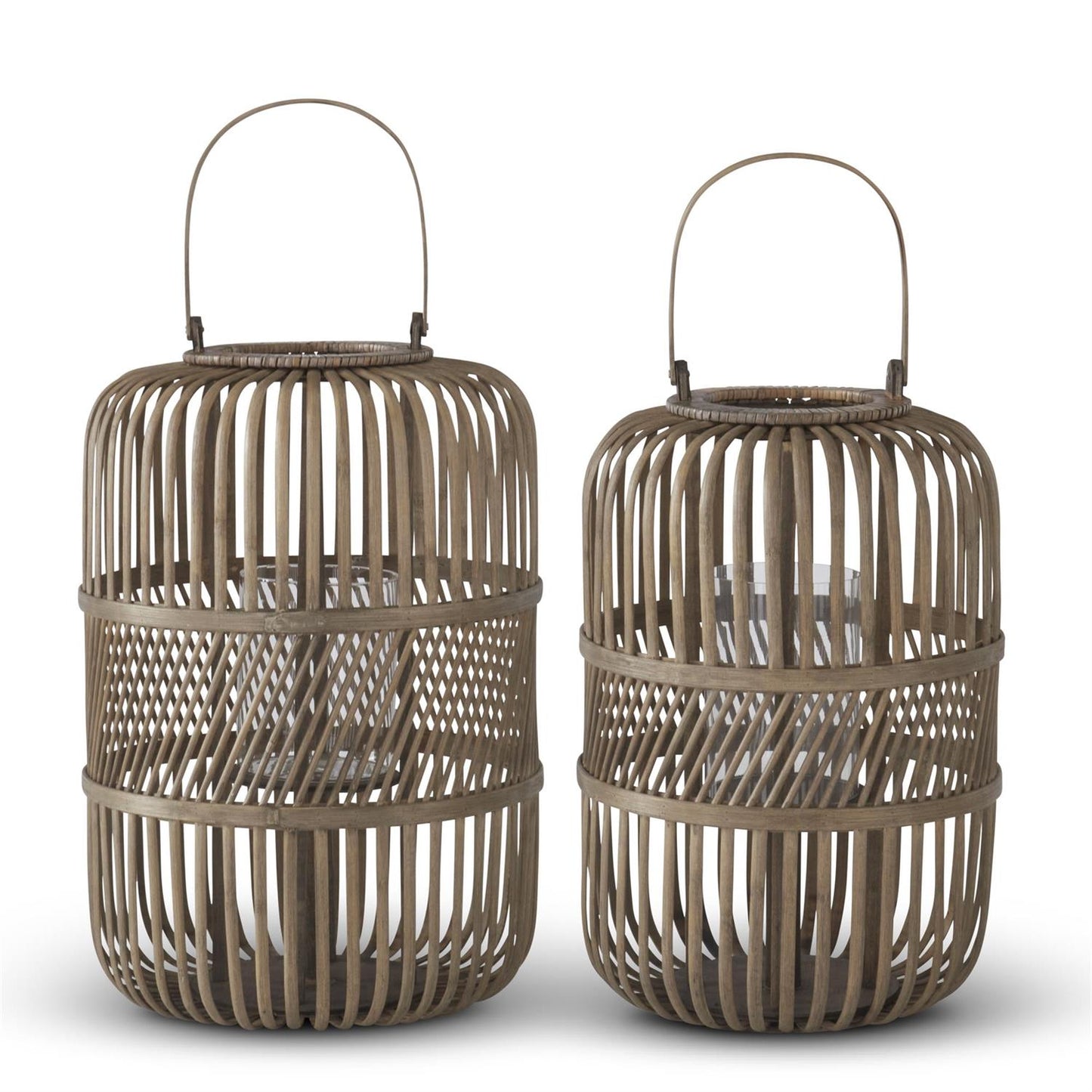 Bamboo Slat Lantern with Glass Cylinder - 19.25"