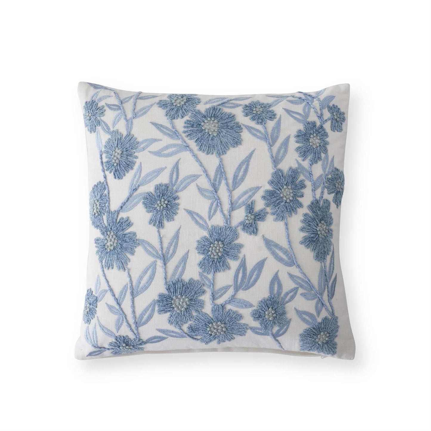 18" Square White Linen and Blue Embroidered Floral Pillow