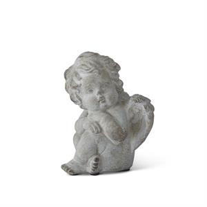 Gray Stone Cherub Statue - Sitting, Looking Left