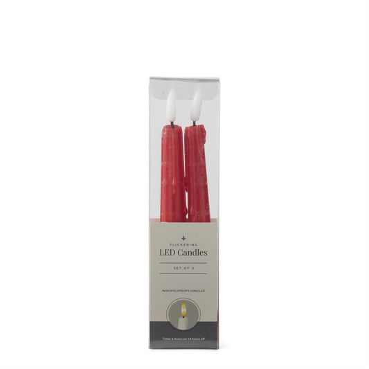 Red LED Drip Taper Candles W/Timer - Set of 2, 8"