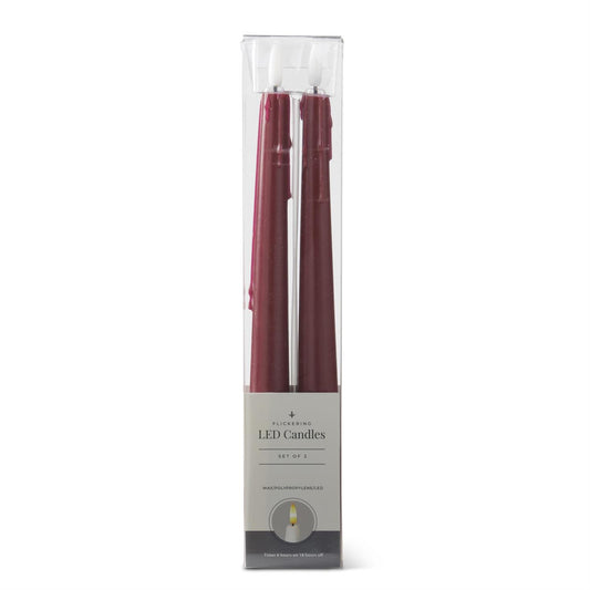 Burgundy LED Drip Taper Candles W/Timer- Set of 2, 11.5"