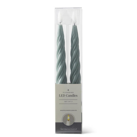 Dark Green Spiral LED Taper Candles with Timer - 2 Pk, 9.75"