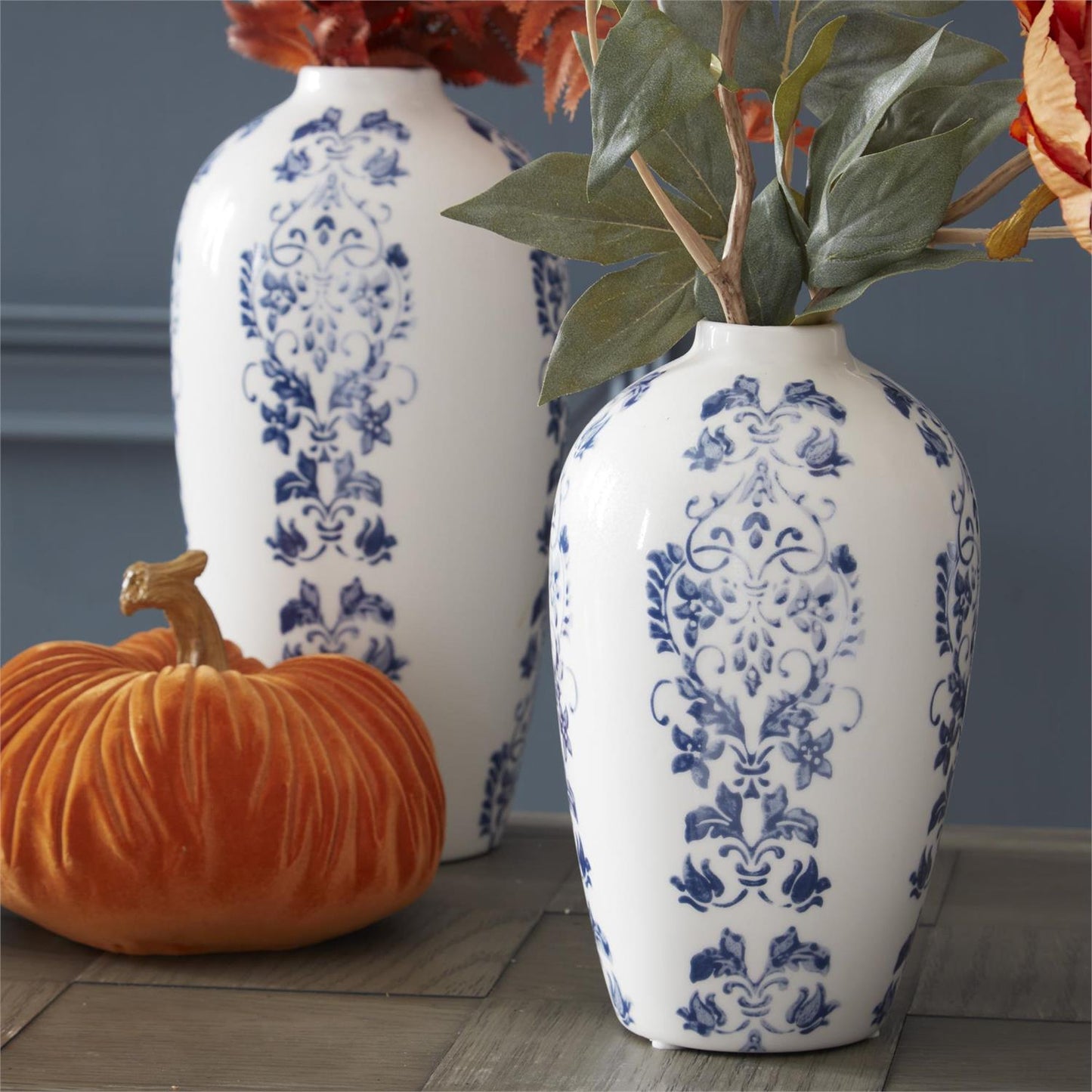 Blue and White Floral Striped Ceramic Vase - 7.75"