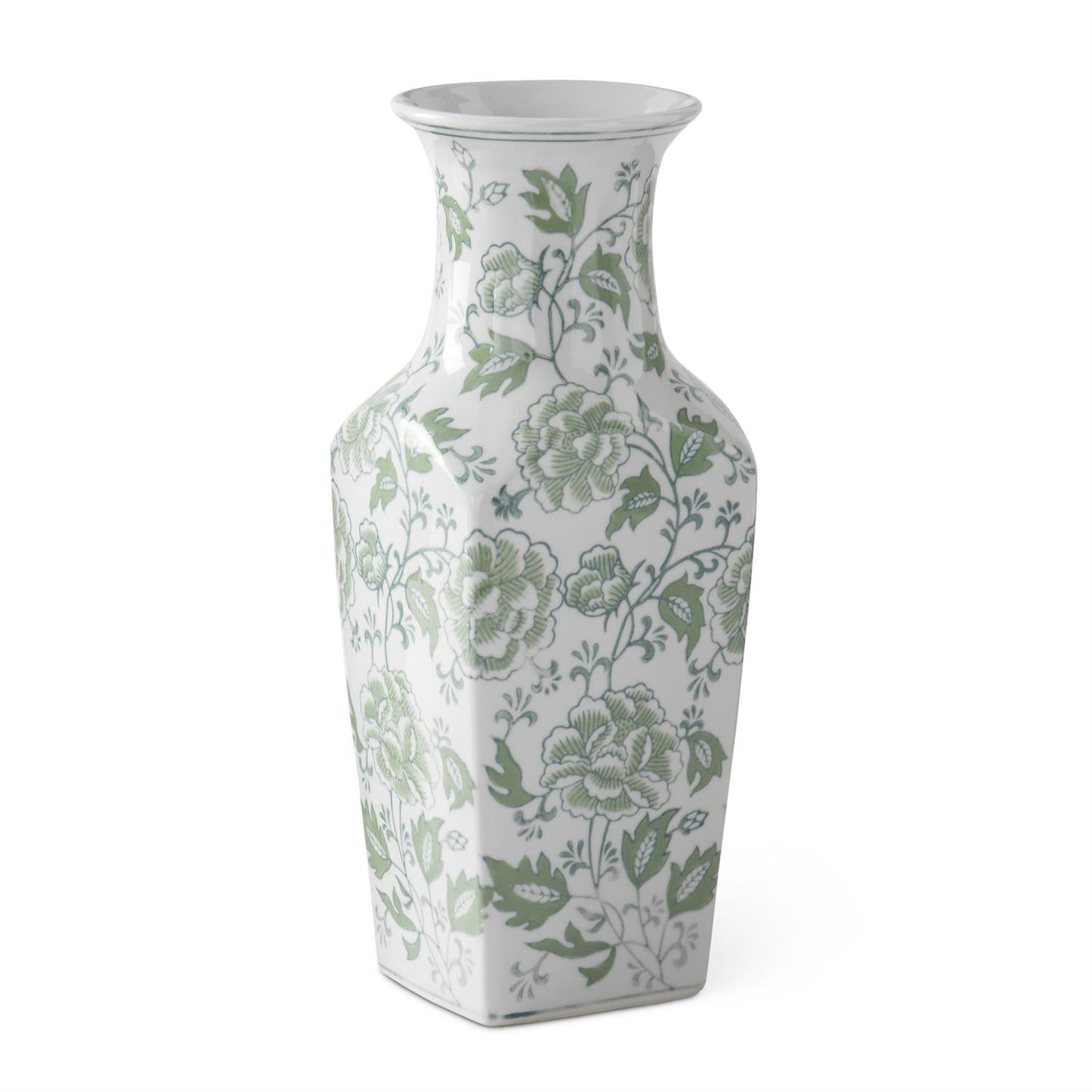 Green & White Floral Ceramic Vase - 14"