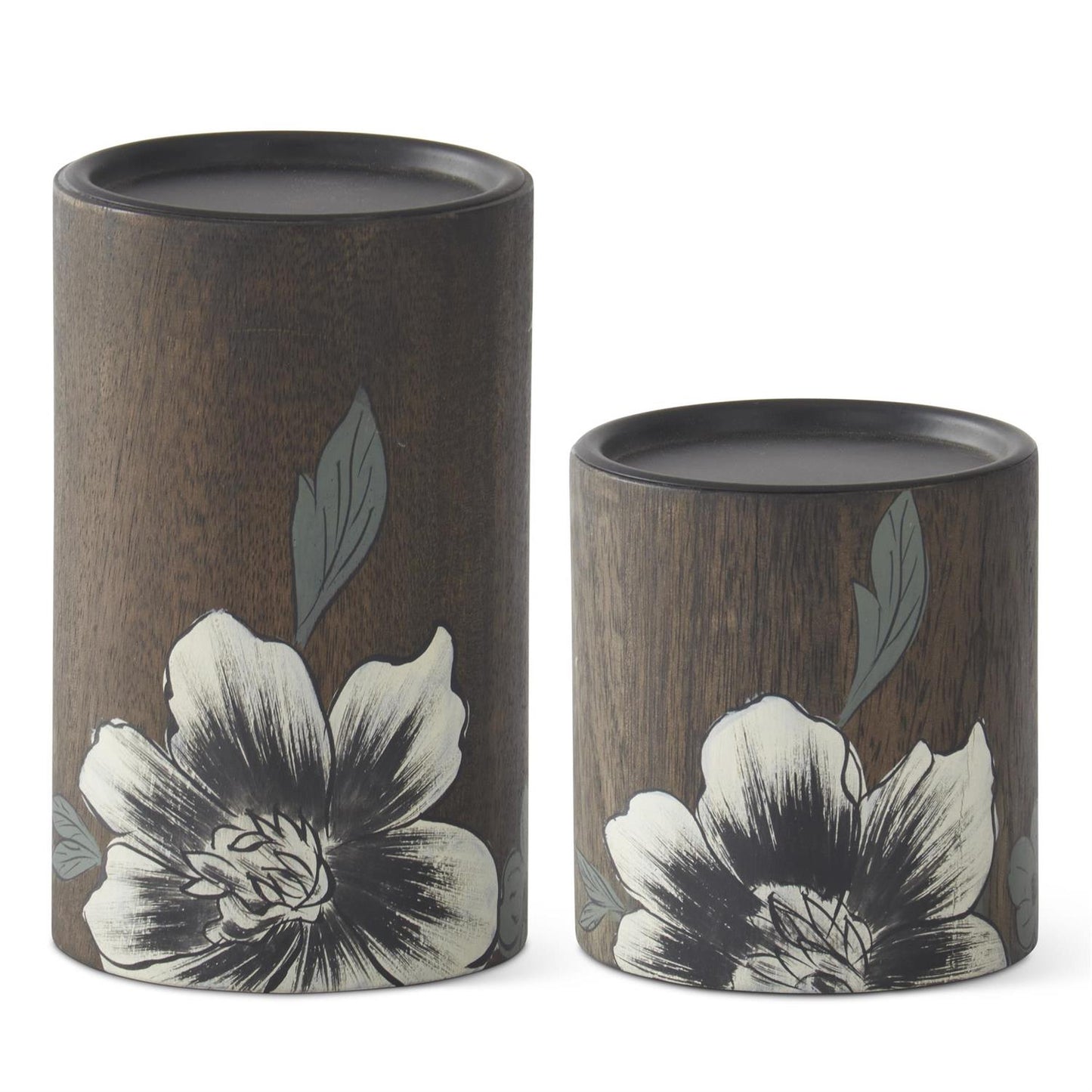 Dark Brown Wood W/Hand painted White Floral Pillar Candle Holder - 6"H