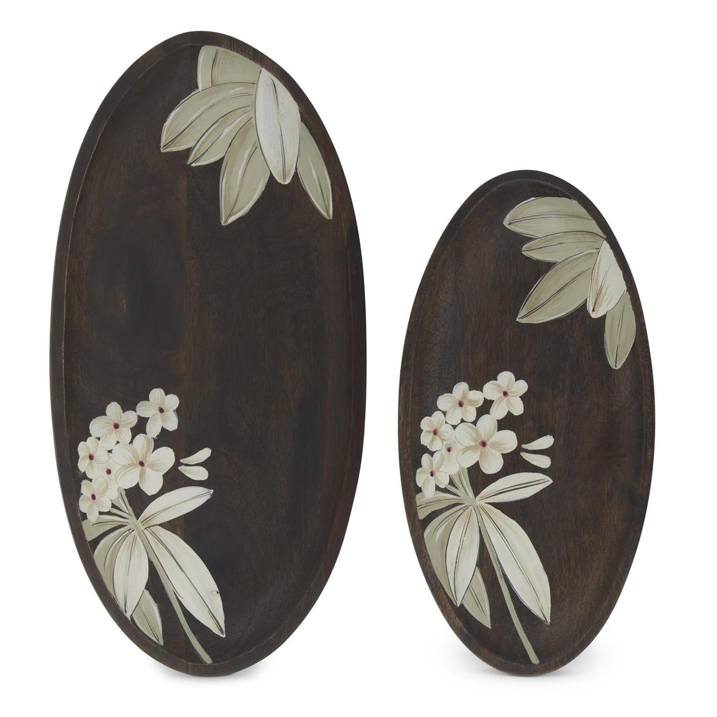 Dark Brown Wood W/Hand painted White Floral Oval Tray - 11.75"