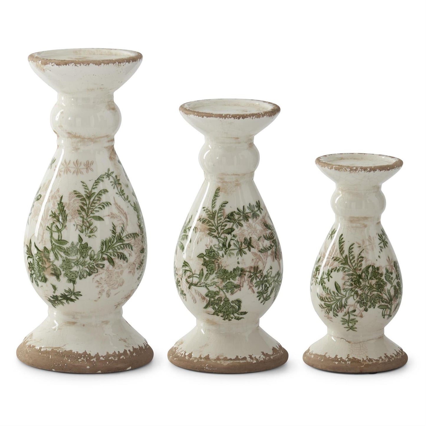 Ceramic Chinoiserie Candleholder, Green & Cream W/Brown Crackled - 10.5"