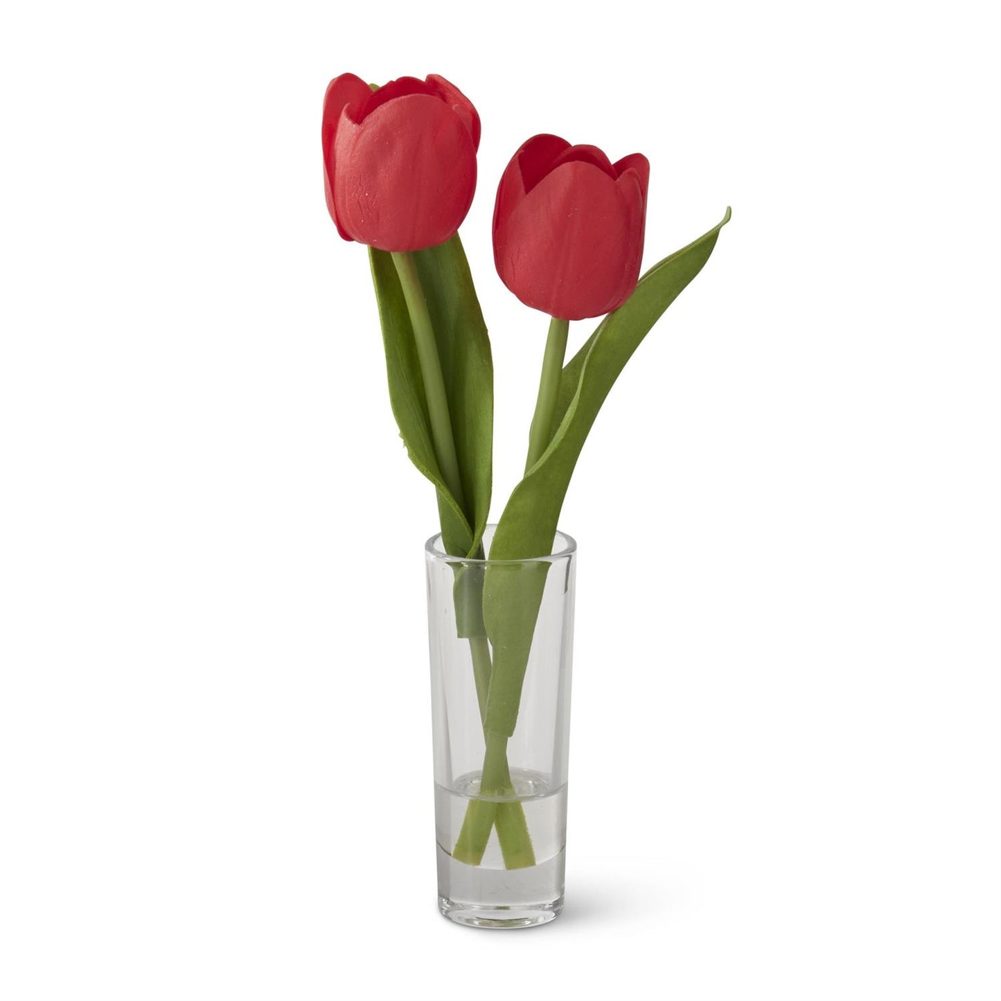 Real Touch Double Tulip Premade in Glass Vase w/Faux Water - Red, 8.5"