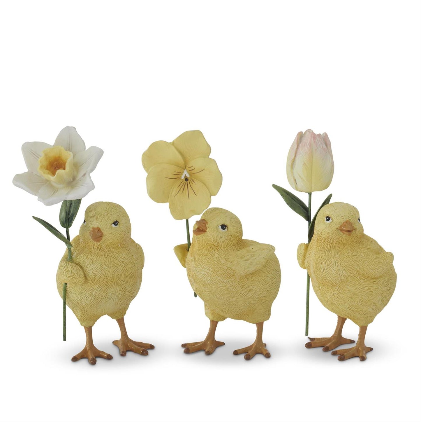 Resin Chicks Holding Flowers - 3 Asst Styles, 4.5"