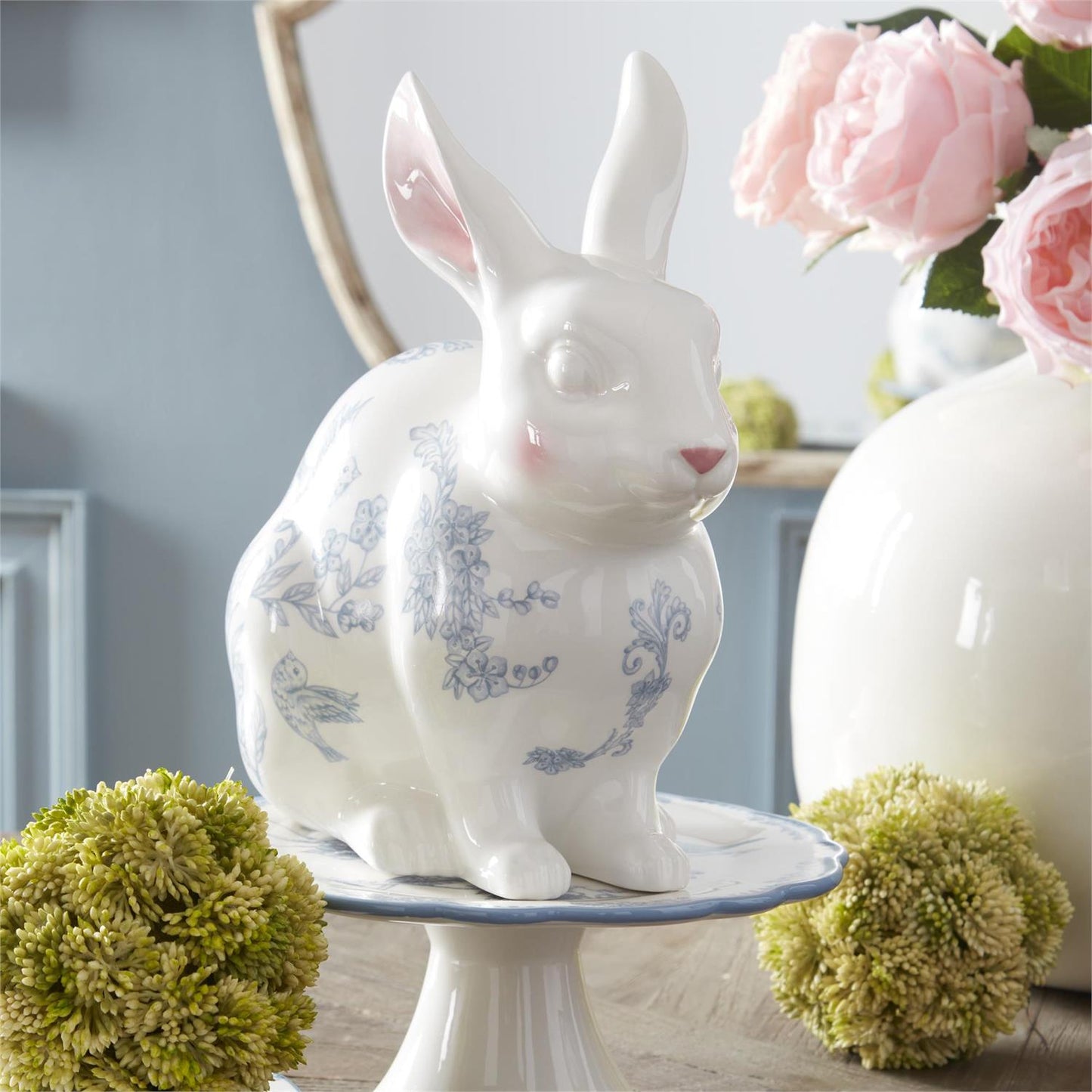 White Dolomite Bunny with Blue Easter Decals - 9.75"