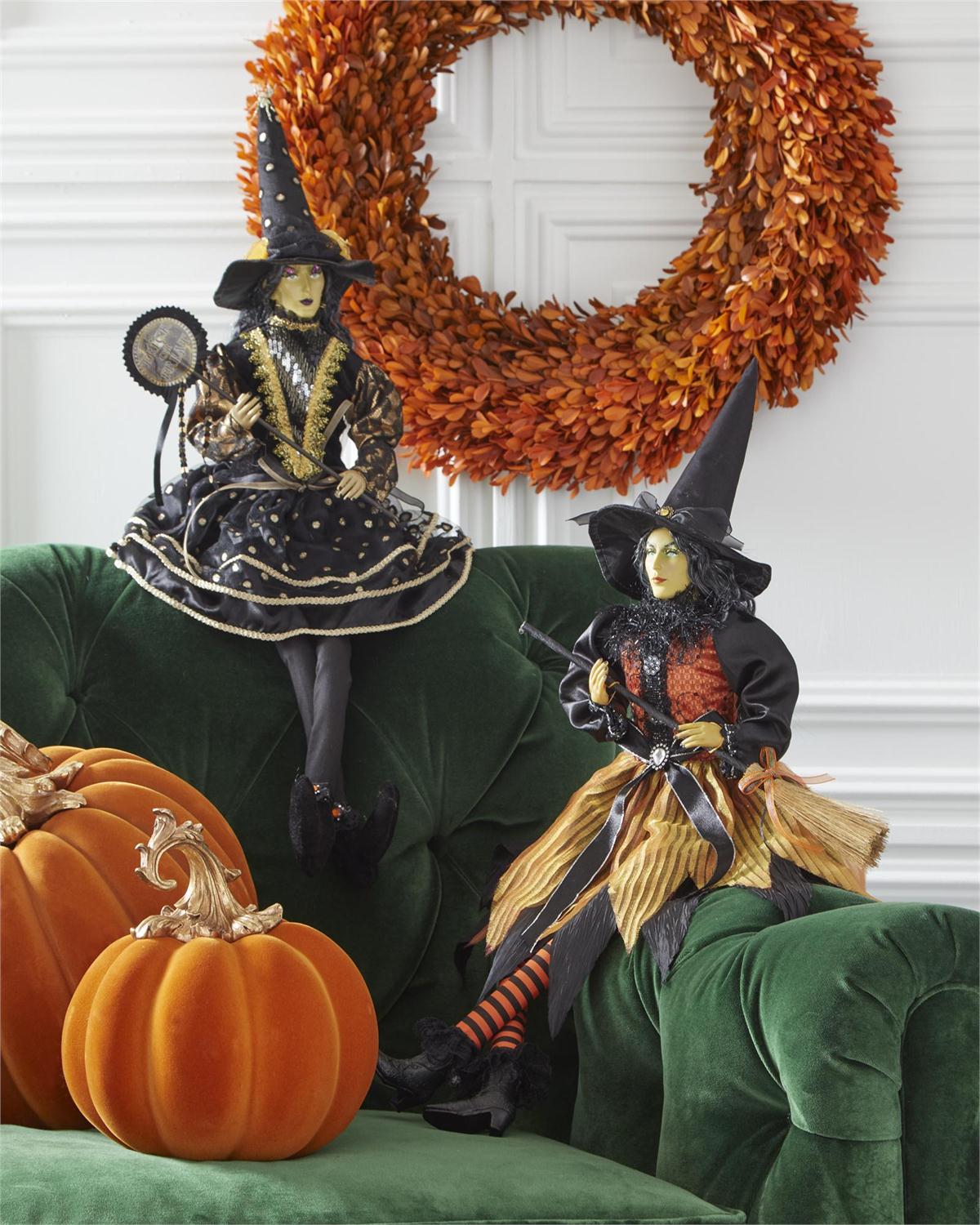 Sitting Witch W/Black and Gold Dot Dress - 28"