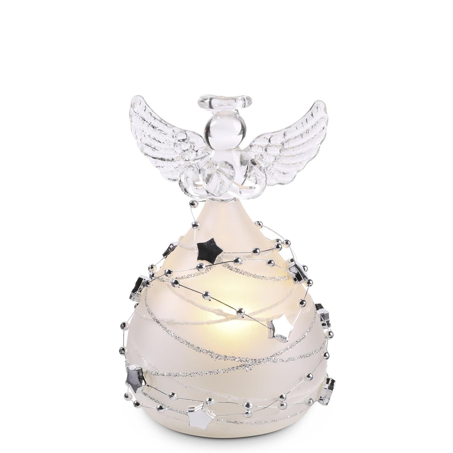 Frosted Glass LED Angel With Silver Star Garland - 4.25", Timer