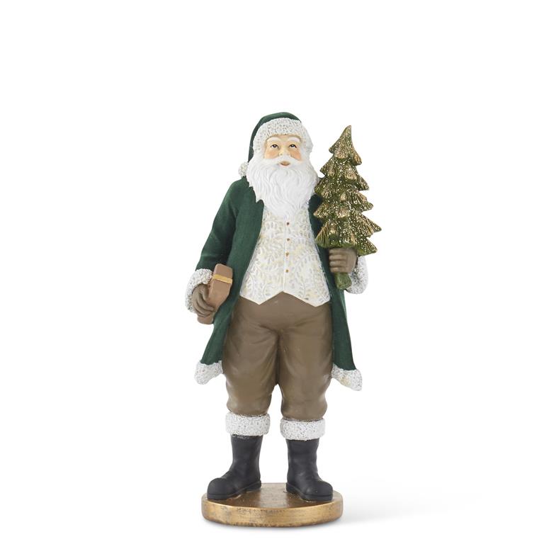 Dark Green Velvet Resin Santa W/Gold Glittered Christmas Tree - 13"