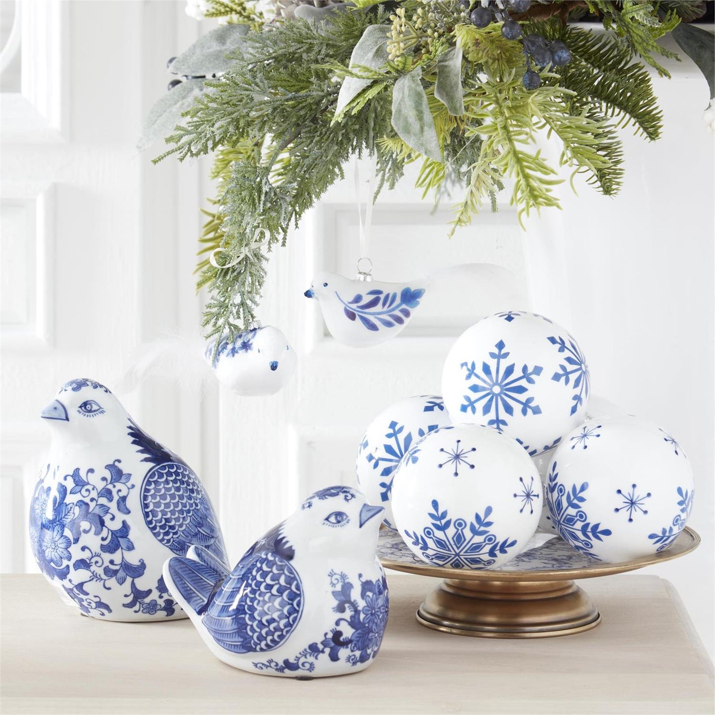 White With Blue Snowflakes Glass Round Ornaments - 4.25", Assorted styles