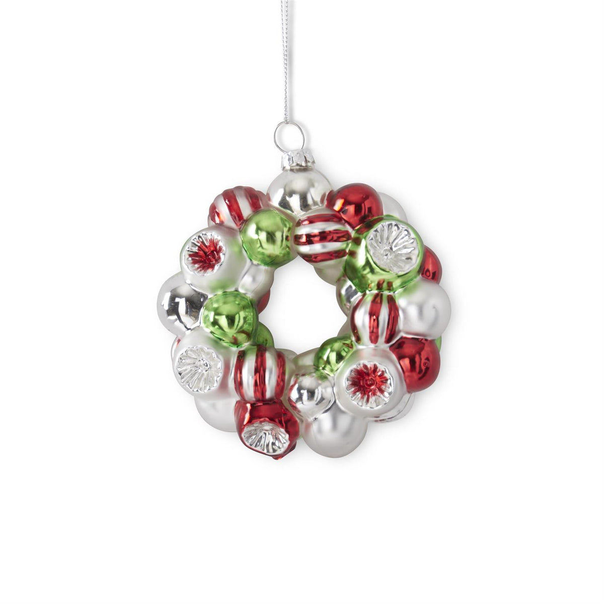 Glass Wreath Ornament - Red, Silver, and Green, 4.75"