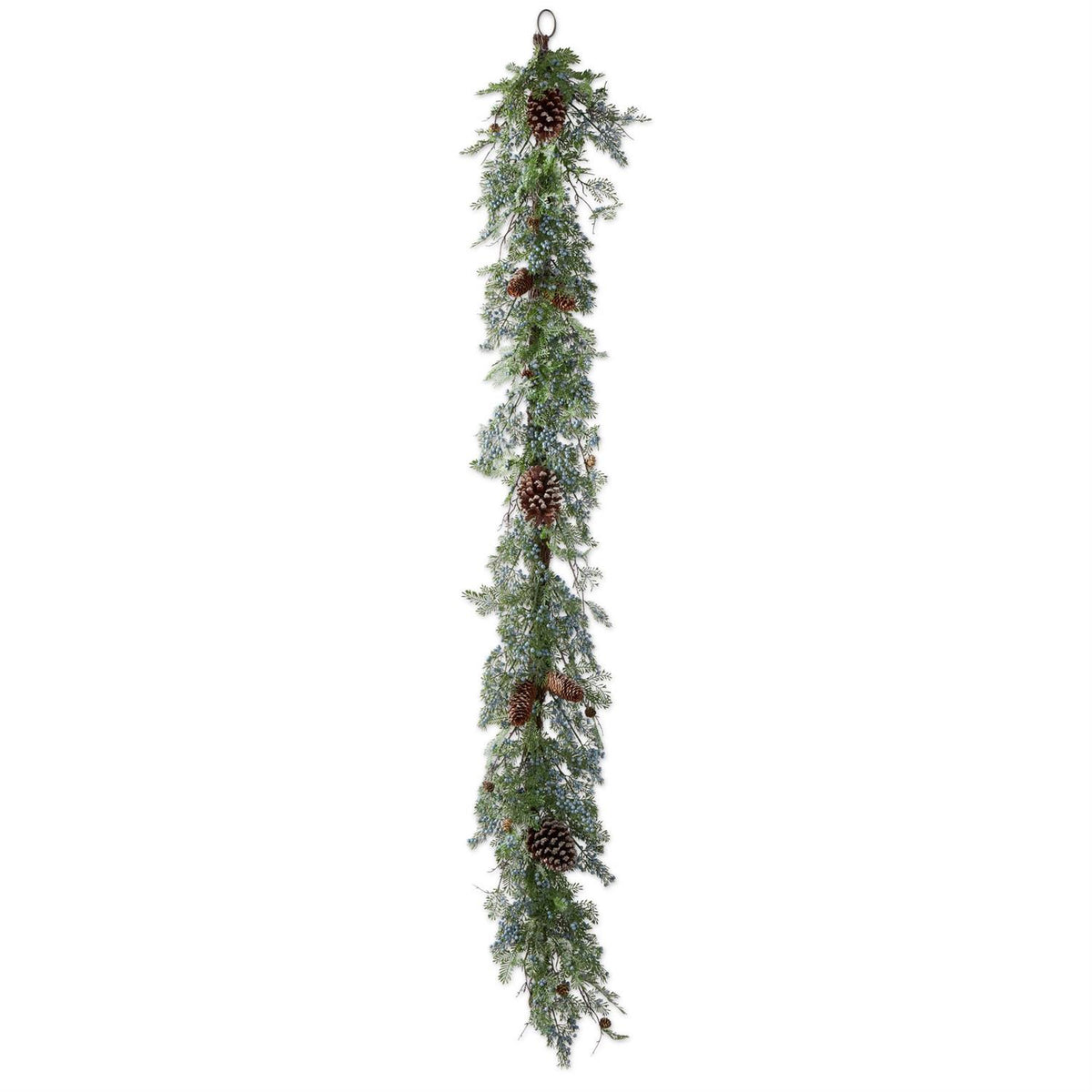 Mixed Greens Garland with Glittered Pinecones and Blue Berries - 72"