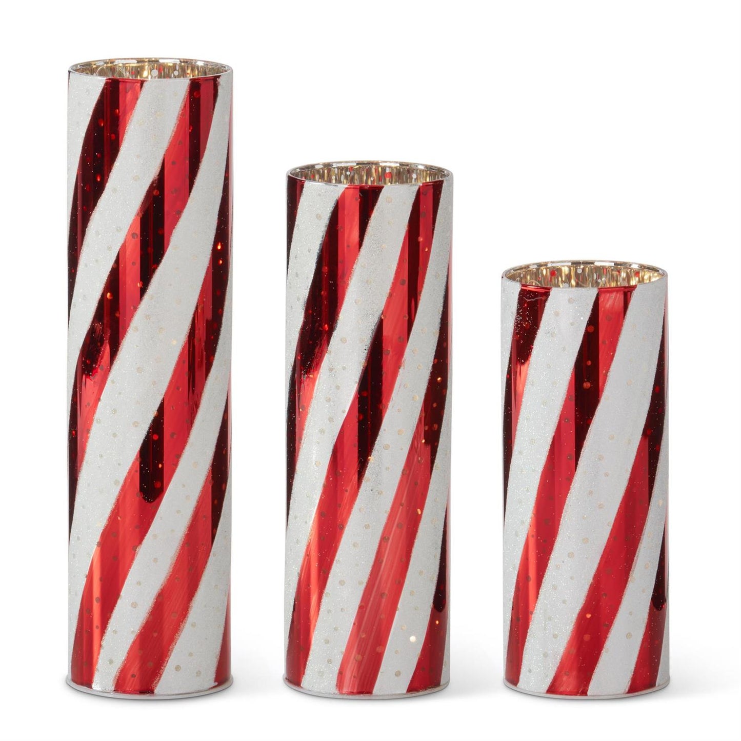 Red & White Swirl Striped LED Cylinder Lantern W/Timer- 8"