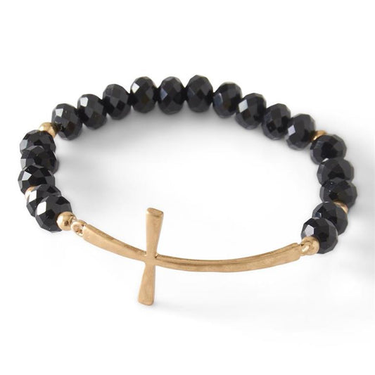 Faceted Bead and Gold Cross Bracelet - 3 Assorted Colors