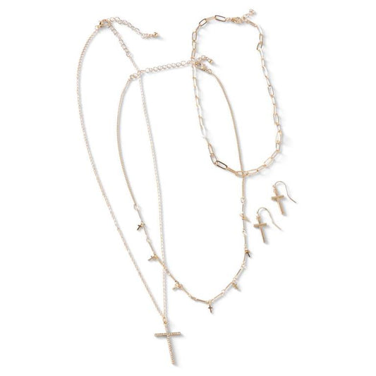 Three Strand Cross Necklace Set with Earrings