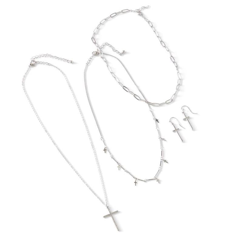 Three Strand Cross Necklace Set with Earrings