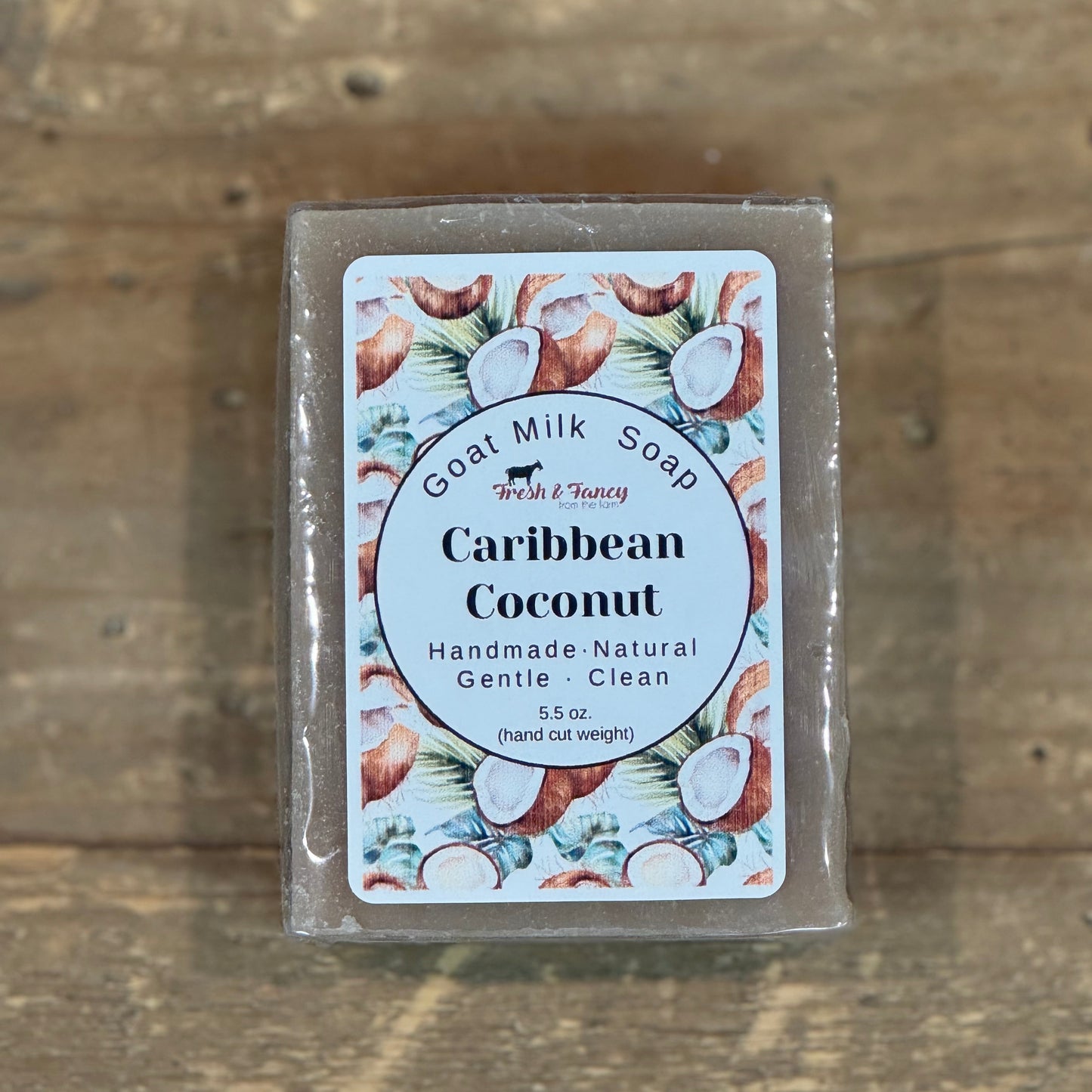 natural color bar soap with coconuts all over the label
