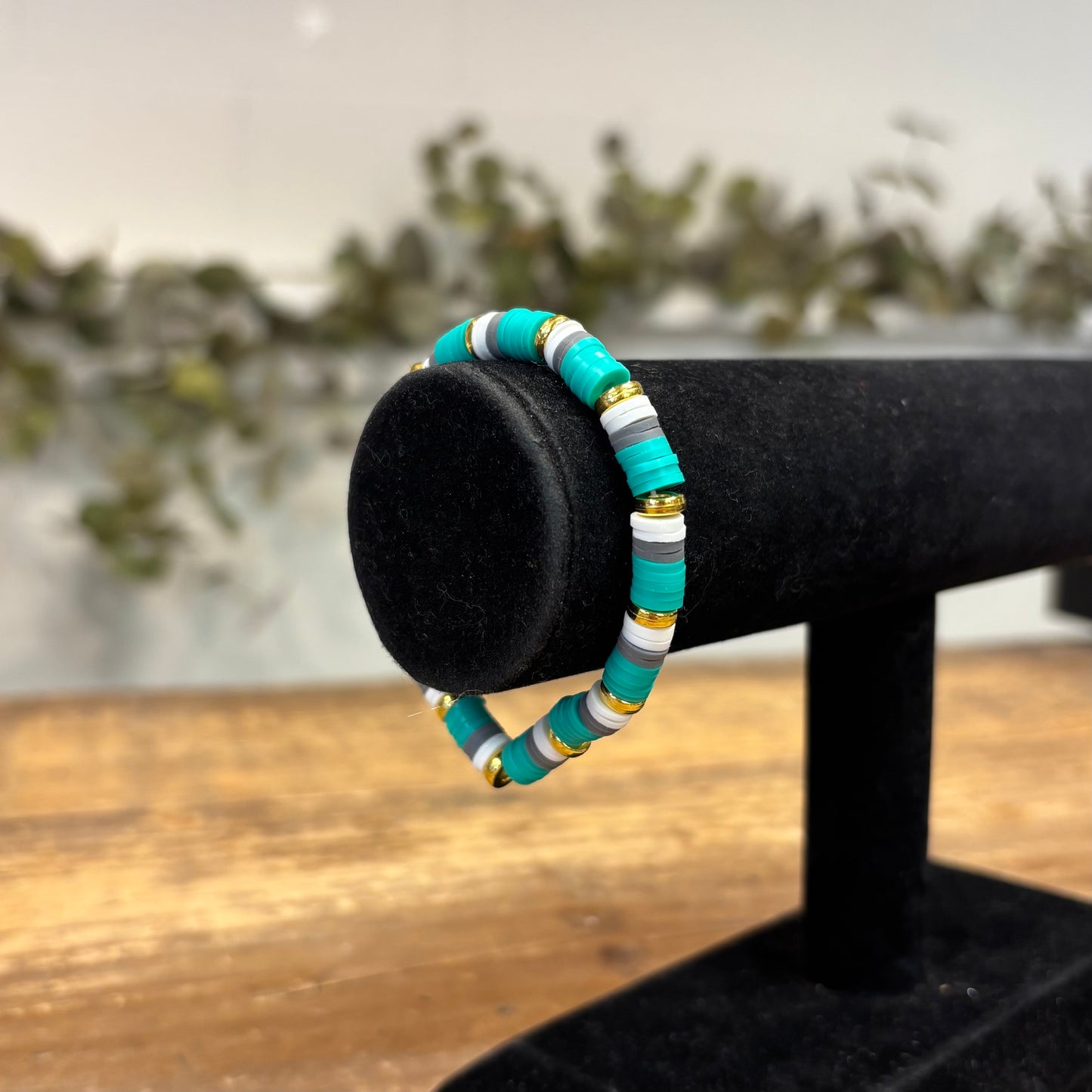 Clay Bead Bracelet - Teal, Grey, White