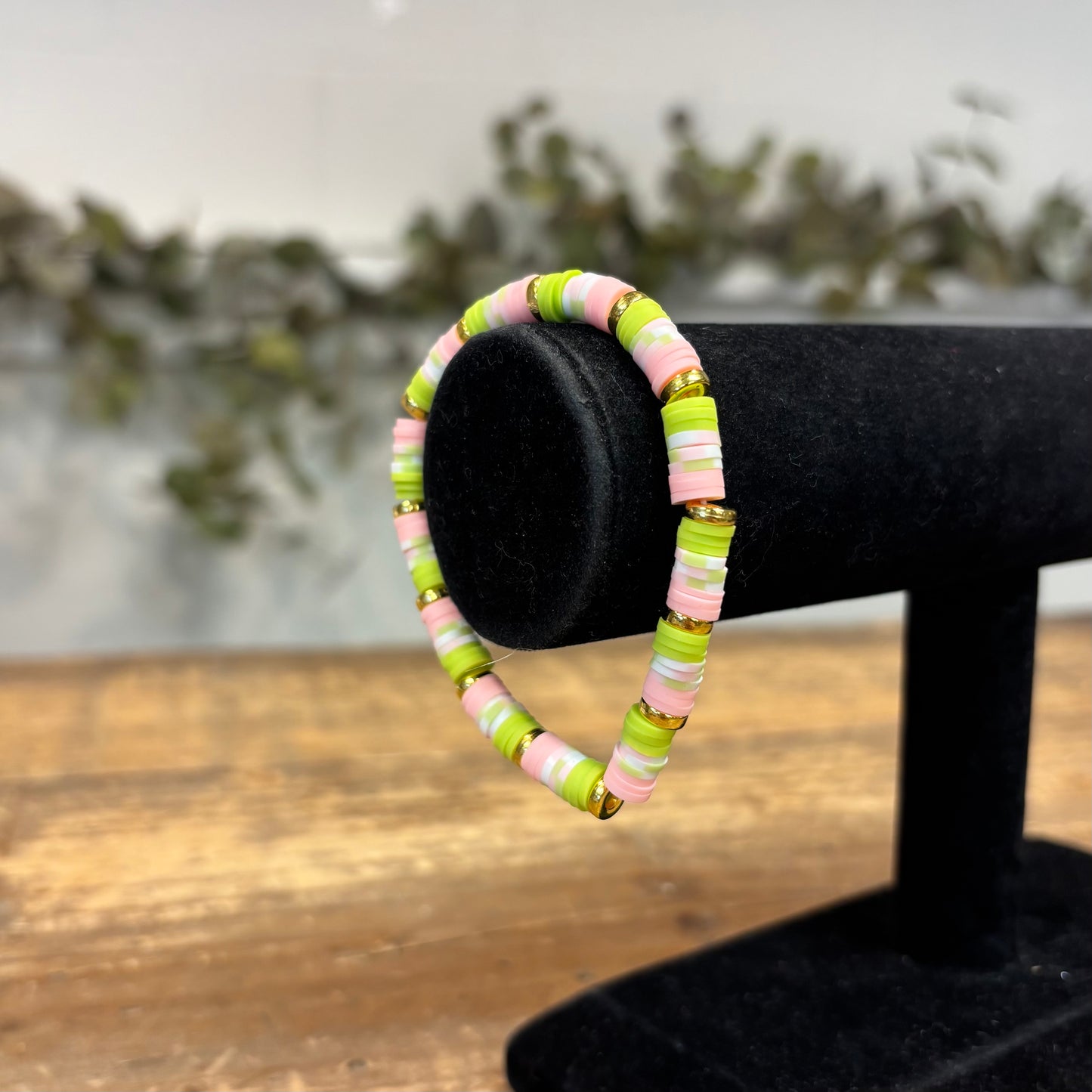 Clay Bead Bracelet - Light Pink, Light Green, and White
