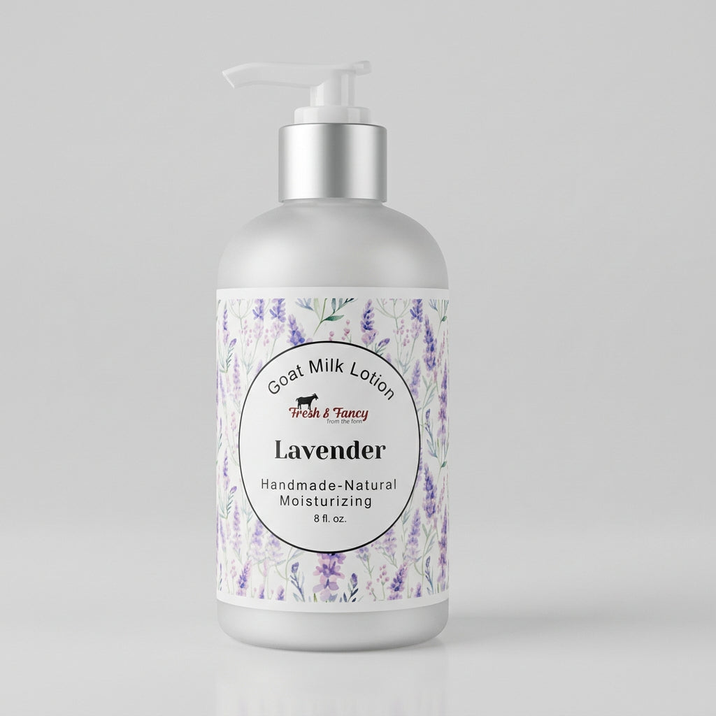 A pump bottle of Goat Milk Lotion with lavender label, indicating the scent and 8oz size.