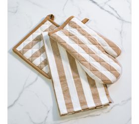 Beige Stripe Oven Mitt/Pot Holder/ Towel Set