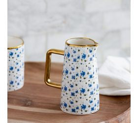 Blue Floral Pitcher with Gold Accents - 5.25"