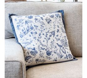 Blue and White Floral Pillow - 17x17